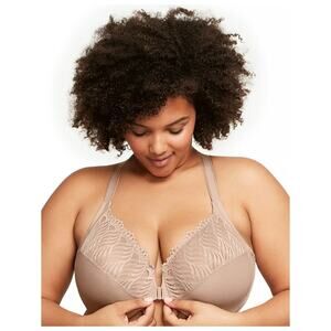 Glamorise Wonderwire Front‎ Closure T Back Bra Cafe Size 34G Nude Tan Cream Lace